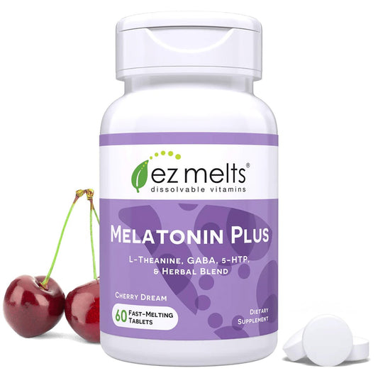 EZ Melts Melatonin Plus – Beruhigungs- & Schlafunterstützung mit Melatonin, Melissen- und Passionsblumenextrakt – Non-GMO & Vegan – Kirschtraum – 60 Schmelztabletten (60 Portionen)