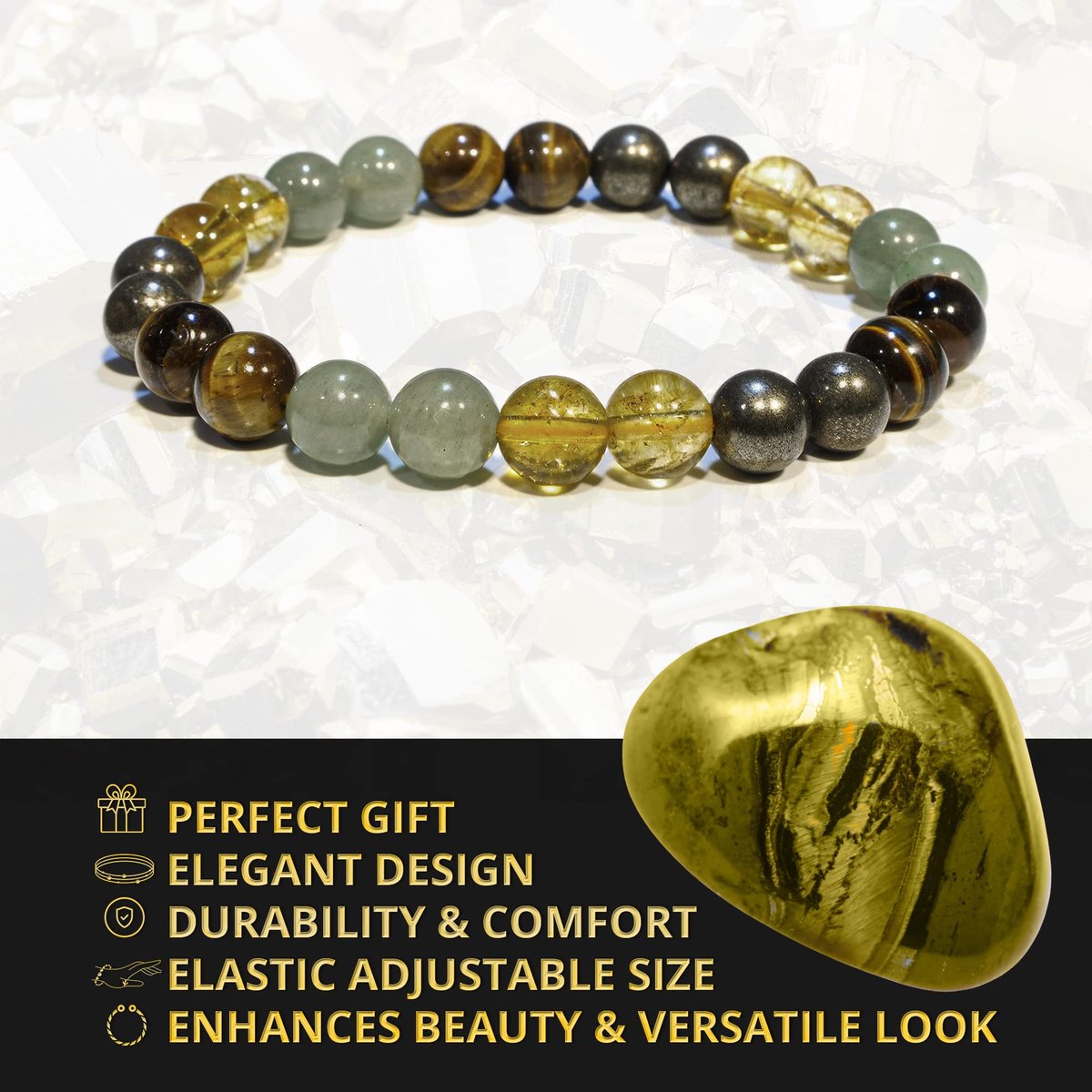 ANAYA AGATE Geld Erfolg Reichtum Armband – Pyrit, Grüner Aventurin, Tigerauge, Citrin Armband-Set für Männer Frauen – Heilende Kristalle gegen Angst und Stress – Pulseras Para Hombres Mujer