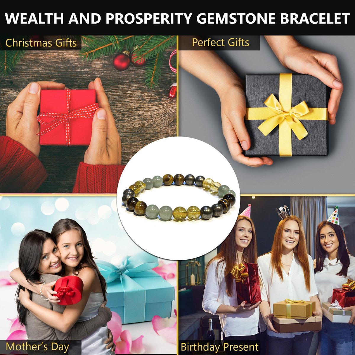 ANAYA AGATE Geld Erfolg Reichtum Armband – Pyrit, Grüner Aventurin, Tigerauge, Citrin Armband-Set für Männer Frauen – Heilende Kristalle gegen Angst und Stress – Pulseras Para Hombres Mujer