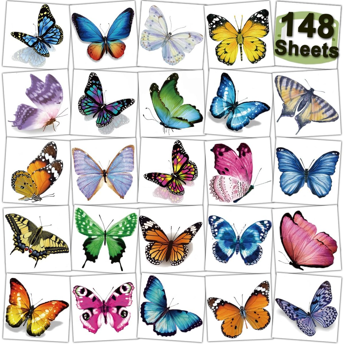 CHARLENT 148 Individuelle Blätter 3D-realistische Schmetterlings-Tattoos für Mädchen und Frauen - Temporäre Tattoos für Kindergeburtstagsparty-Gefälligkeiten und Goodie Bag Füller