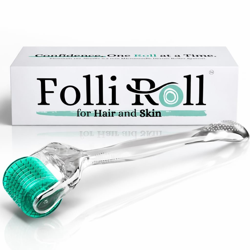 FolliRoll Derma Roller für Haar und Haut – Derma Stamp für Gesicht und Kopfhaut mit 192 Titan-Mikronadeln, inklusive Aufbewahrungsbox, für Männer und Frauen (0,30 mm)