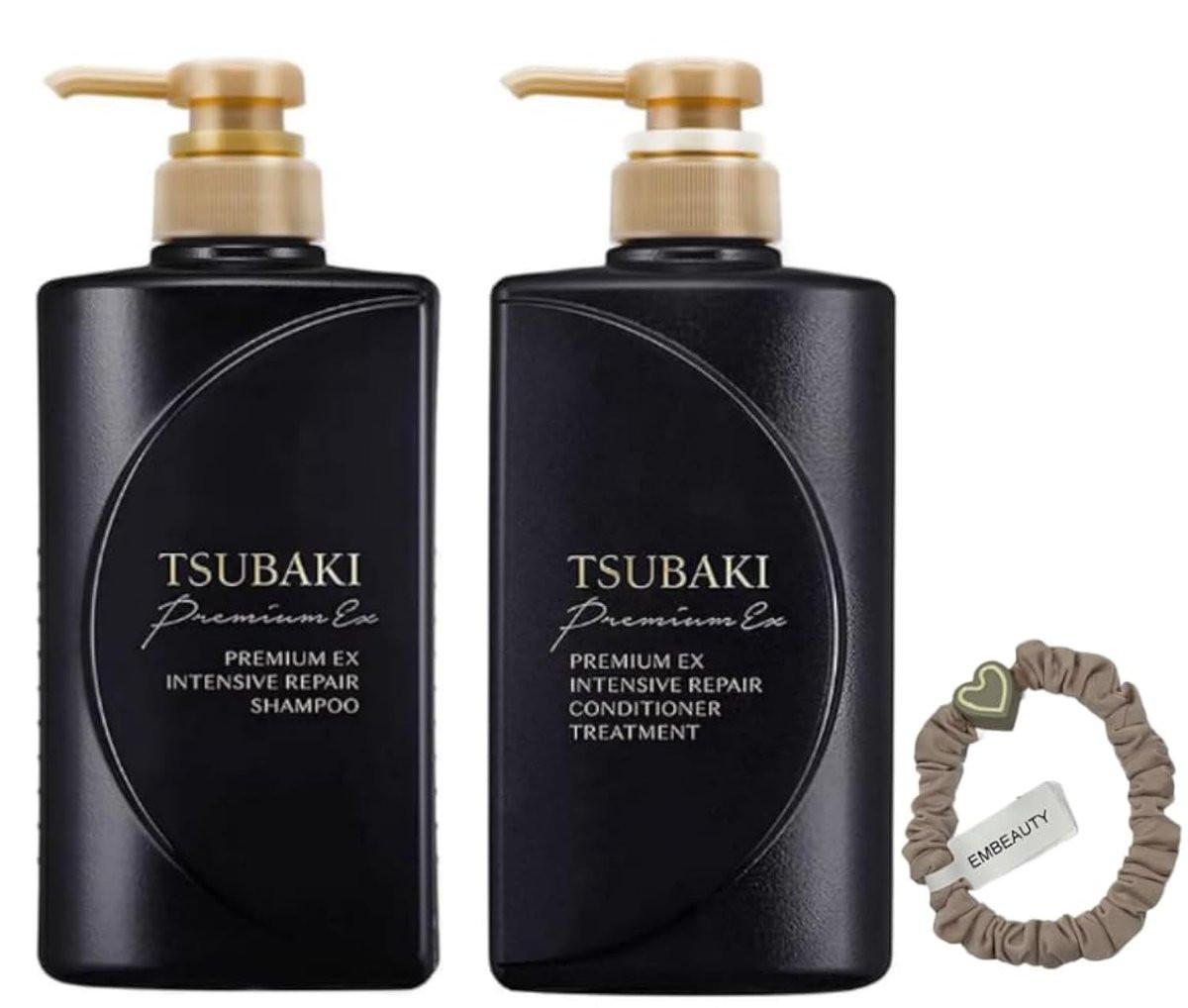 TJ SIGNATURE TSUBAKI Premium EX Intensive Repair Shampoo und Conditioner Bundle – Schwarze Serie Haarpflegeset für geschädigtes Haar (400ml+400ml) inkl. Haarband