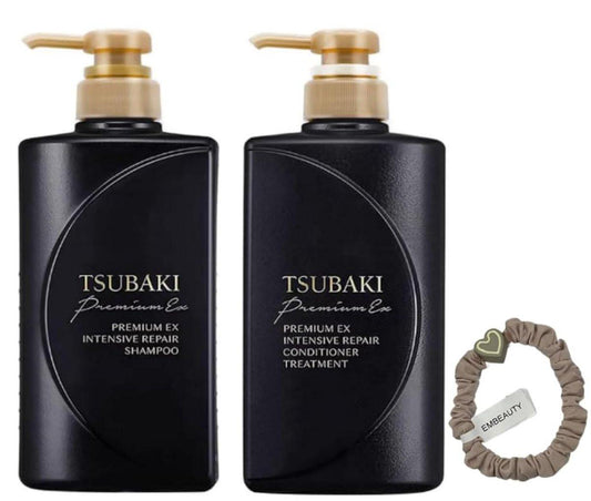 TJ SIGNATURE TSUBAKI Premium EX Intensive Repair Shampoo und Conditioner Bundle – Schwarze Serie Haarpflegeset für geschädigtes Haar (400ml+400ml) inkl. Haarband