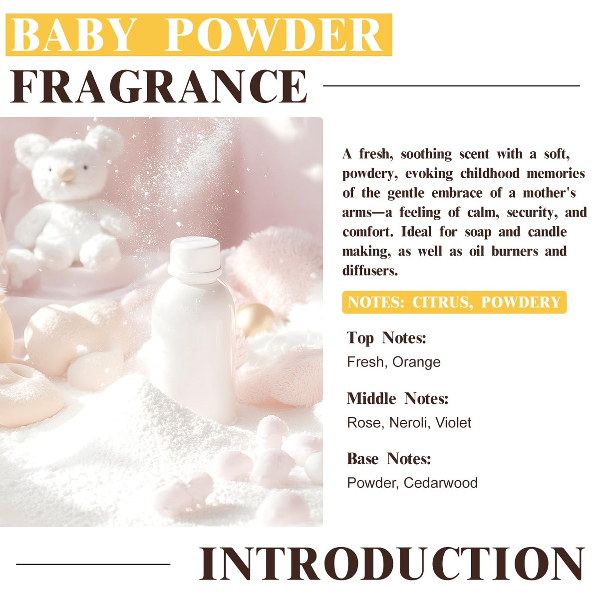 EUQEE Baby Powder Duftöl Premium Duftöl 60ml mit Glaspipette für Aromatherapie, Kerzenherstellung, DIY Badebomben (2,02 Fl Oz)
