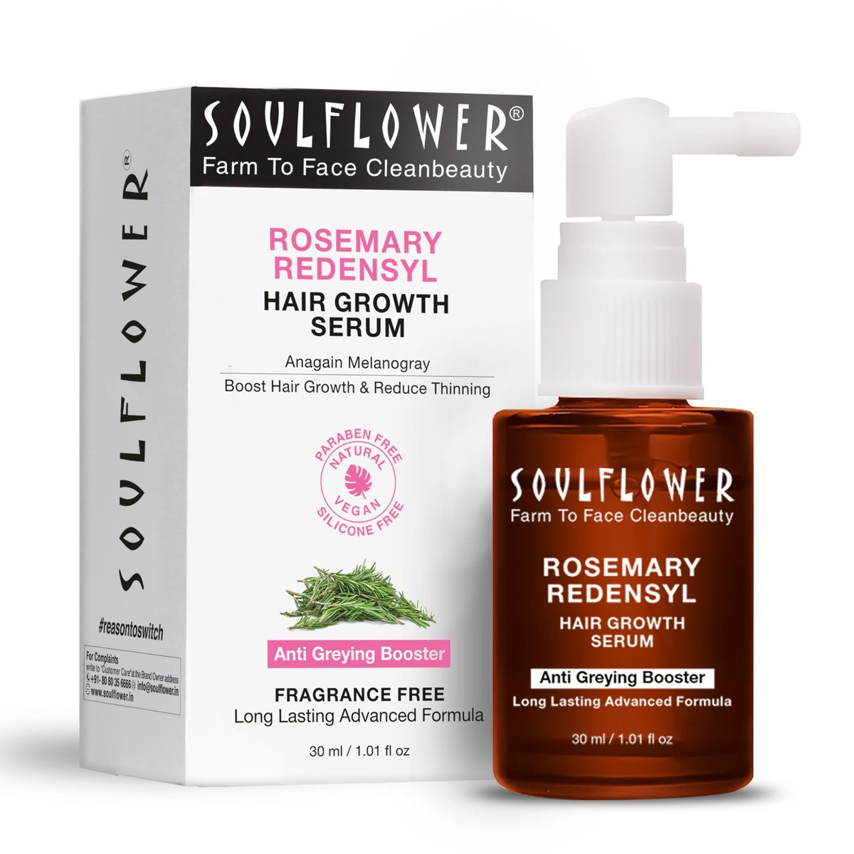 Soulflower Rosemary Redensyl Haarwuchs Serum | 3% Redensyl, 4% Anagain, Melanogray, Koffein, Biotin, Keratin, Teebaum, Chiasamen, Reiswasser | Für Männer & Frauen | 30 ml