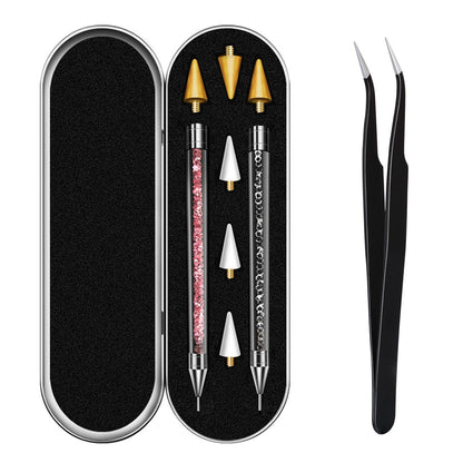 Vikerer Strassstein-Aufnahmewerkzeug, Doppelendiger Strass-Applikator für Nageldesign, 2er-Pack Acrylgriff-Nagelstift mit 4 zusätzlichen Wachsspitzen und 1 Pinzette