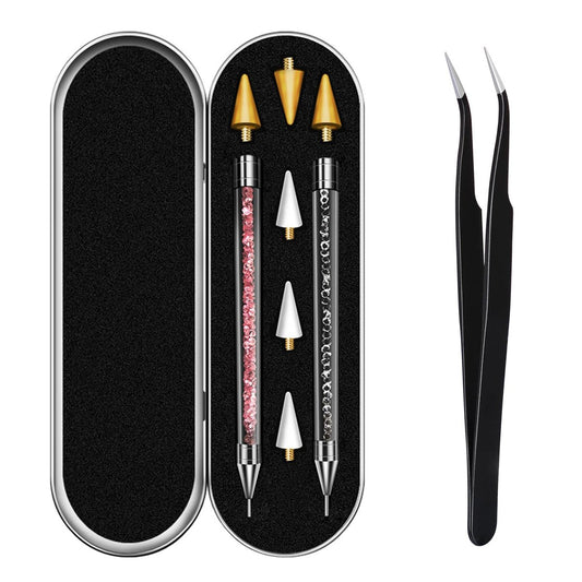Vikerer Strassstein-Aufnahmewerkzeug, Doppelendiger Strass-Applikator für Nageldesign, 2er-Pack Acrylgriff-Nagelstift mit 4 zusätzlichen Wachsspitzen und 1 Pinzette