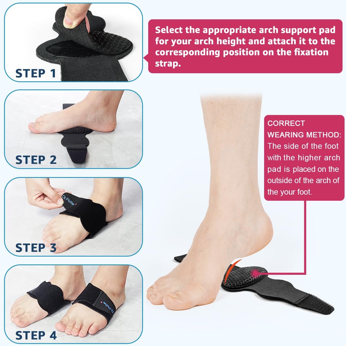 DR. POTTER+ Fußgewölbe-Stützärmel für Plantarfasziitis, verstellbare Kompressionsbänder mit herausnehmbaren Fußgewölbepolstern für Senkfüße, Hohlfüße, Plattfüße, Fußschmerzlinderung - Schwarz