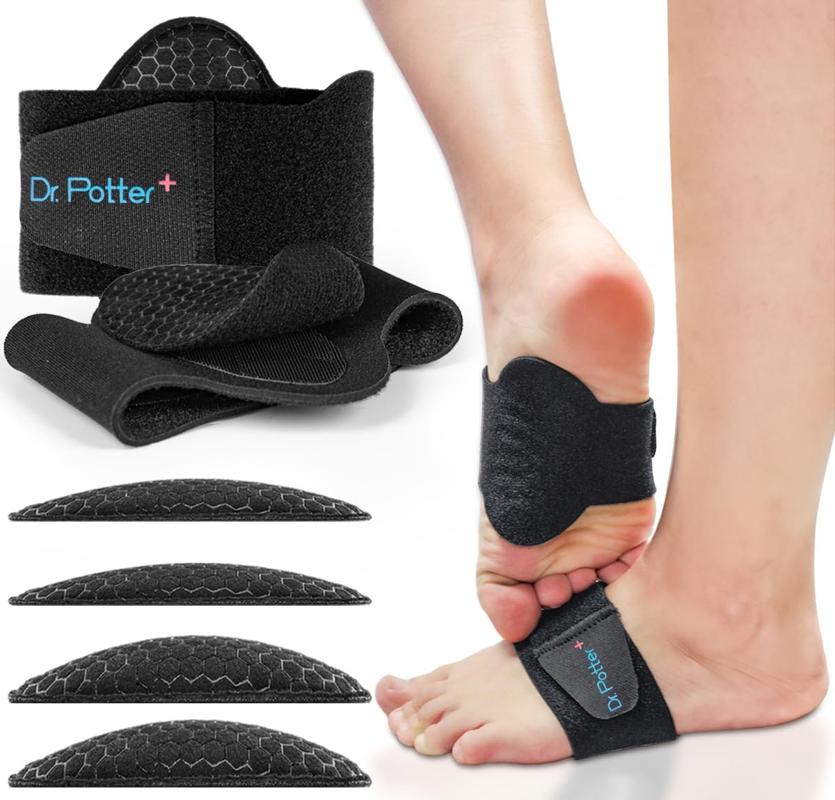 DR. POTTER+ Fußgewölbe-Stützärmel für Plantarfasziitis, verstellbare Kompressionsbänder mit herausnehmbaren Fußgewölbepolstern für Senkfüße, Hohlfüße, Plattfüße, Fußschmerzlinderung - Schwarz