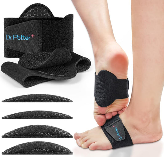 DR. POTTER+ Fußgewölbe-Stützärmel für Plantarfasziitis, verstellbare Kompressionsbänder mit herausnehmbaren Fußgewölbepolstern für Senkfüße, Hohlfüße, Plattfüße, Fußschmerzlinderung - Schwarz