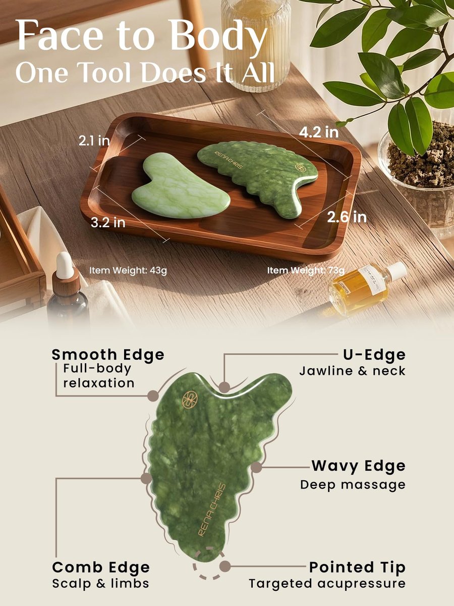 Rena Chris Körper-Gua-Sha-Werkzeug aus natürlichem Xiuyan-Jade – Handmassagestab zur Gesichtsformung und Reduzierung von Schwellungen – Ganzkörper-Hautpflegemassagegerät (Grün)