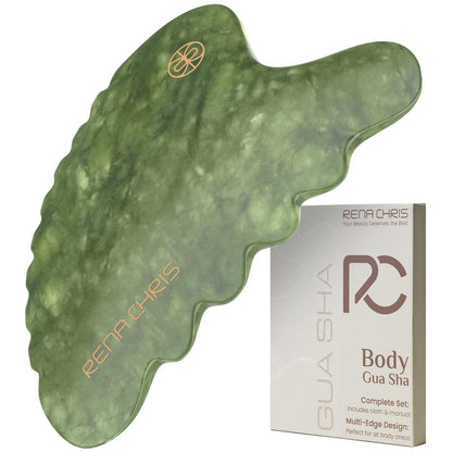 Rena Chris Körper-Gua-Sha-Werkzeug aus natürlichem Xiuyan-Jade – Handmassagestab zur Gesichtsformung und Reduzierung von Schwellungen – Ganzkörper-Hautpflegemassagegerät (Grün)