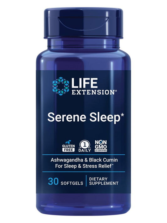 Life Extension Serene Sleep – Ashwagandha, Schwarzkümmel – Schlafergänzung ohne Melatonin, zur Ruhe und Entspannung – einmal täglich, glutenfrei, nicht gentechnisch verändert – 30 Softgels