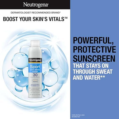 Neutrogena Sport Active Defense SPF 30 Sonnenspray – Schweiß- & wasserbeständiger Sonnenschutz mit Breitband-UVA/UVB-Schutz, ohne Oxybenzon, 148 ml