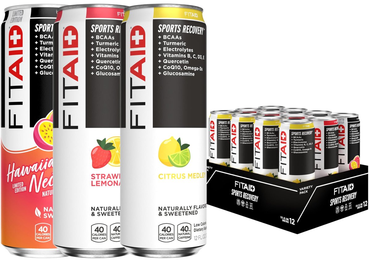 FITAID Erholungsmischung Variety Pack BCAA Glucosamin Elektrolyte Omega-3 Grüner Tee 100% Clean Paleo Vegan & Glutenfrei natürlich gesüßt & aromatisiert 12er-Pack Dosen (12 x 355 ml) - Verpackung kann variieren