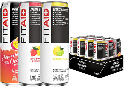 FITAID Erholungsmischung Variety Pack BCAA Glucosamin Elektrolyte Omega-3 Grüner Tee 100% Clean Paleo Vegan & Glutenfrei natürlich gesüßt & aromatisiert 12er-Pack Dosen (12 x 355 ml) - Verpackung kann variieren