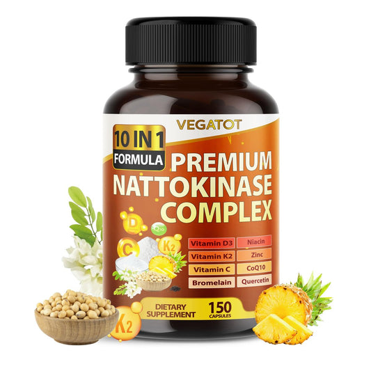 VEGATOT Organischer Nattokinase-Komplex - 10IN1 Formel mit Vitamin D3, Niacin, Vitamin K2, Zink, CoQ10, Quercetin (150 Kapseln)