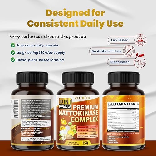 VEGATOT Organischer Nattokinase-Komplex - 10IN1 Formel mit Vitamin D3, Niacin, Vitamin K2, Zink, CoQ10, Quercetin (150 Kapseln)