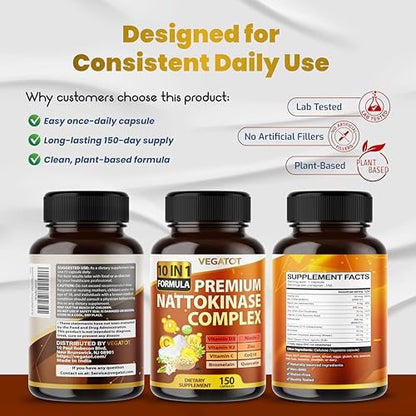 VEGATOT Organischer Nattokinase-Komplex - 10IN1 Formel mit Vitamin D3, Niacin, Vitamin K2, Zink, CoQ10, Quercetin (150 Kapseln)