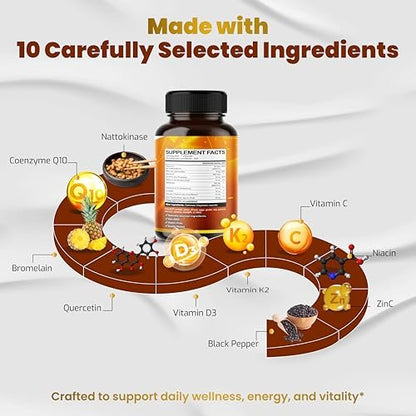 VEGATOT Organischer Nattokinase-Komplex - 10IN1 Formel mit Vitamin D3, Niacin, Vitamin K2, Zink, CoQ10, Quercetin (150 Kapseln)