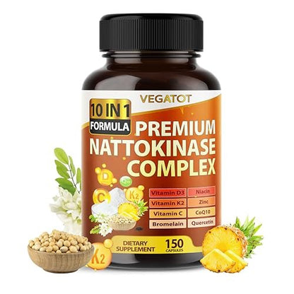 VEGATOT Organischer Nattokinase-Komplex - 10IN1 Formel mit Vitamin D3, Niacin, Vitamin K2, Zink, CoQ10, Quercetin (150 Kapseln)