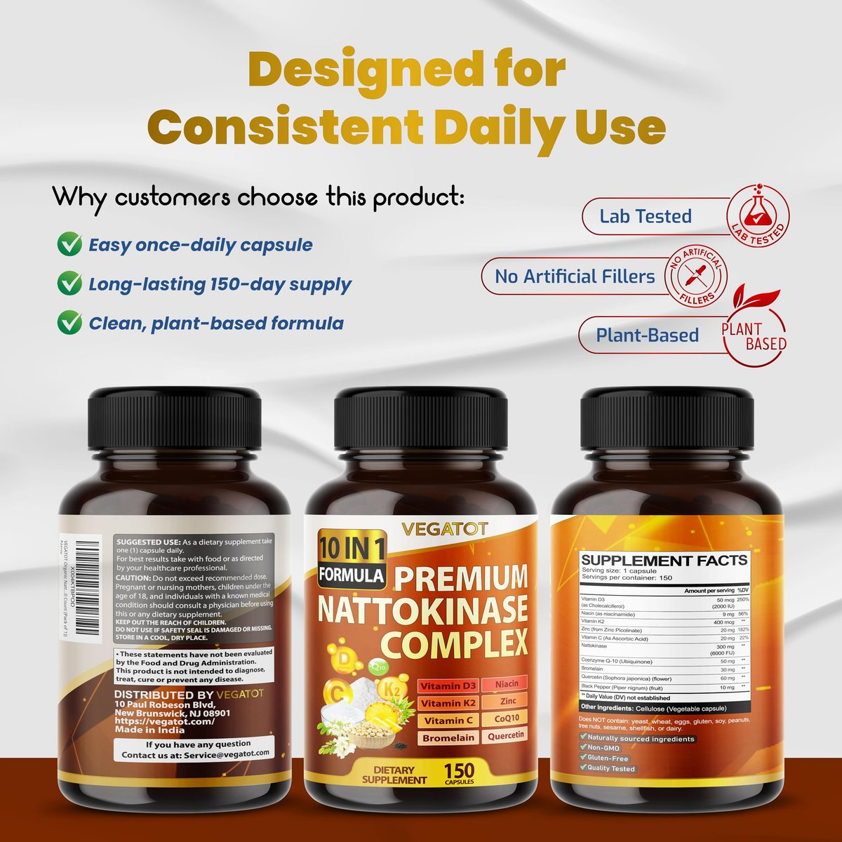 VEGATOT Organischer Nattokinase-Komplex - 10IN1 Formel mit Vitamin D3, Niacin, Vitamin K2, Zink, CoQ10, Quercetin (150 Kapseln)