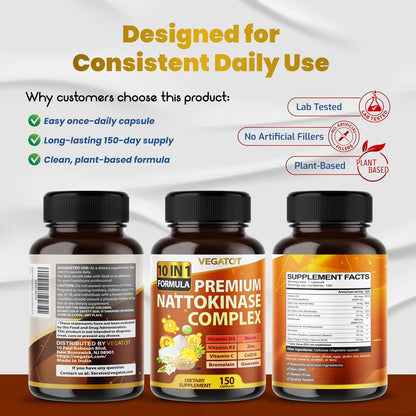 VEGATOT Organischer Nattokinase-Komplex - 10IN1 Formel mit Vitamin D3, Niacin, Vitamin K2, Zink, CoQ10, Quercetin (150 Kapseln)