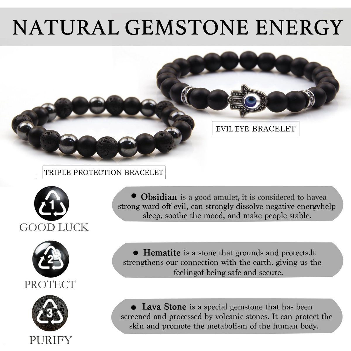 GDLKPYHS Schwarzes Obsidian Armband für Männer – Böser Blick Armband – Turmalinkugeln, 8MM schwarzer Onyx, Hämatit, Lavastein, dreifaches Schutzarmband für Männer und Frauen, Geschenk