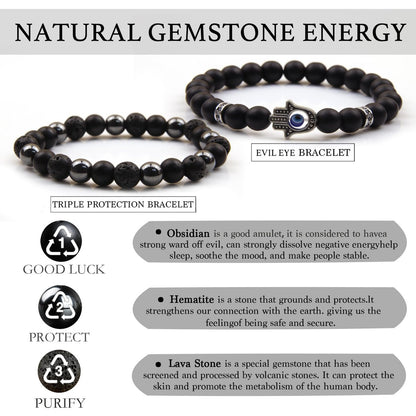 GDLKPYHS Schwarzes Obsidian Armband für Männer – Böser Blick Armband – Turmalinkugeln, 8MM schwarzer Onyx, Hämatit, Lavastein, dreifaches Schutzarmband für Männer und Frauen, Geschenk