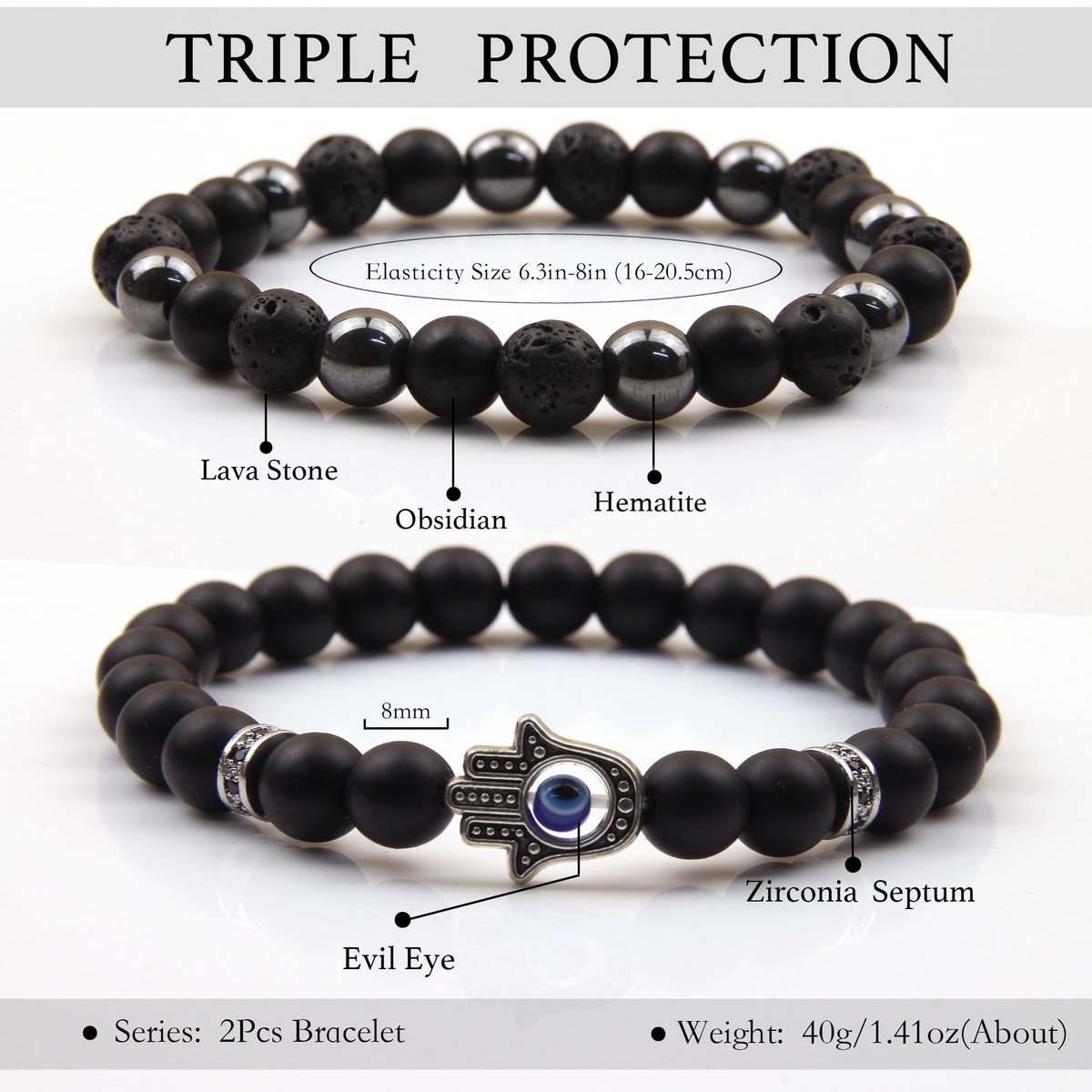 GDLKPYHS Schwarzes Obsidian Armband für Männer – Böser Blick Armband – Turmalinkugeln, 8MM schwarzer Onyx, Hämatit, Lavastein, dreifaches Schutzarmband für Männer und Frauen, Geschenk