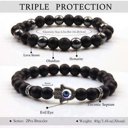 GDLKPYHS Schwarzes Obsidian Armband für Männer – Böser Blick Armband – Turmalinkugeln, 8MM schwarzer Onyx, Hämatit, Lavastein, dreifaches Schutzarmband für Männer und Frauen, Geschenk