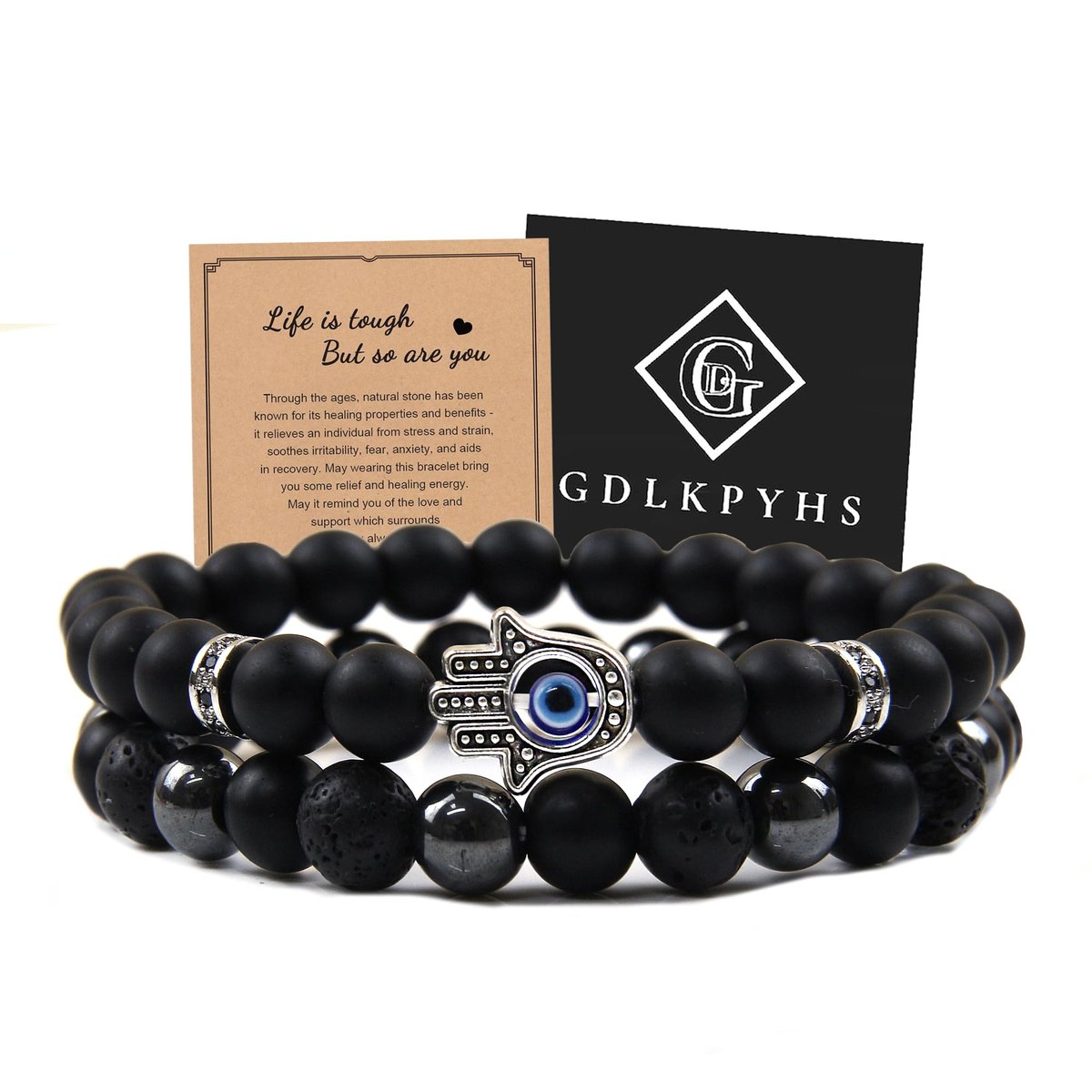 GDLKPYHS Schwarzes Obsidian Armband für Männer – Böser Blick Armband – Turmalinkugeln, 8MM schwarzer Onyx, Hämatit, Lavastein, dreifaches Schutzarmband für Männer und Frauen, Geschenk