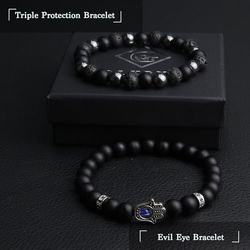 GDLKPYHS Schwarzes Obsidian Armband für Männer – Böser Blick Armband – Turmalinkugeln, 8MM schwarzer Onyx, Hämatit, Lavastein, dreifaches Schutzarmband für Männer und Frauen, Geschenk