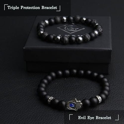 GDLKPYHS Schwarzes Obsidian Armband für Männer – Böser Blick Armband – Turmalinkugeln, 8MM schwarzer Onyx, Hämatit, Lavastein, dreifaches Schutzarmband für Männer und Frauen, Geschenk