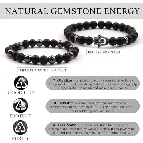 GDLKPYHS Schwarzes Obsidian Armband für Männer – Böser Blick Armband – Turmalinkugeln, 8MM schwarzer Onyx, Hämatit, Lavastein, dreifaches Schutzarmband für Männer und Frauen, Geschenk
