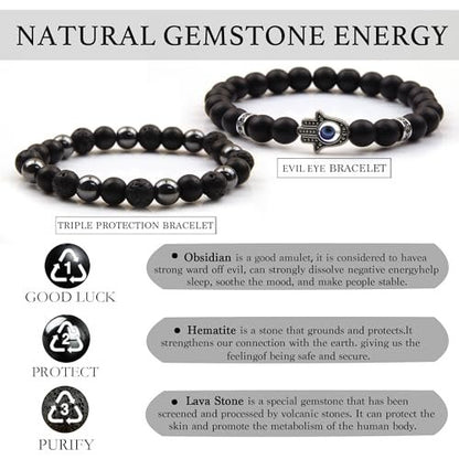 GDLKPYHS Schwarzes Obsidian Armband für Männer – Böser Blick Armband – Turmalinkugeln, 8MM schwarzer Onyx, Hämatit, Lavastein, dreifaches Schutzarmband für Männer und Frauen, Geschenk