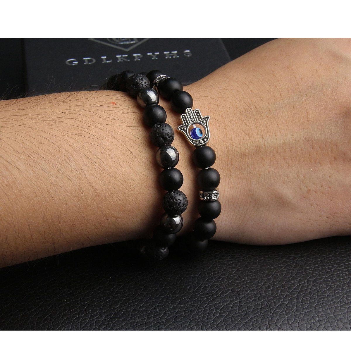 GDLKPYHS Schwarzes Obsidian Armband für Männer – Böser Blick Armband – Turmalinkugeln, 8MM schwarzer Onyx, Hämatit, Lavastein, dreifaches Schutzarmband für Männer und Frauen, Geschenk