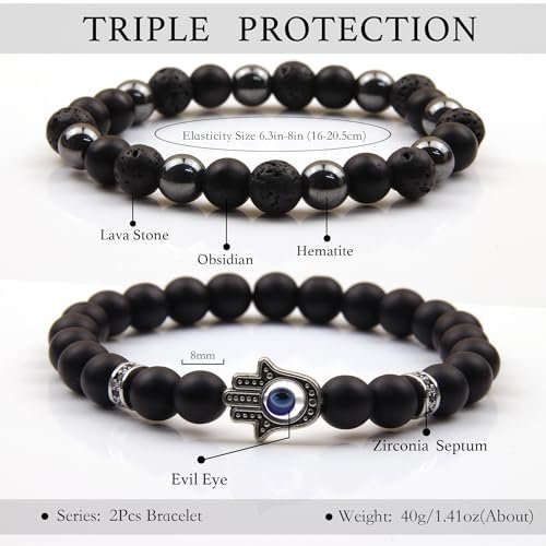 GDLKPYHS Schwarzes Obsidian Armband für Männer – Böser Blick Armband – Turmalinkugeln, 8MM schwarzer Onyx, Hämatit, Lavastein, dreifaches Schutzarmband für Männer und Frauen, Geschenk
