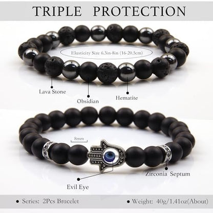 GDLKPYHS Schwarzes Obsidian Armband für Männer – Böser Blick Armband – Turmalinkugeln, 8MM schwarzer Onyx, Hämatit, Lavastein, dreifaches Schutzarmband für Männer und Frauen, Geschenk