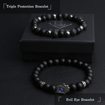 GDLKPYHS Schwarzes Obsidian Armband für Männer – Böser Blick Armband – Turmalinkugeln, 8MM schwarzer Onyx, Hämatit, Lavastein, dreifaches Schutzarmband für Männer und Frauen, Geschenk