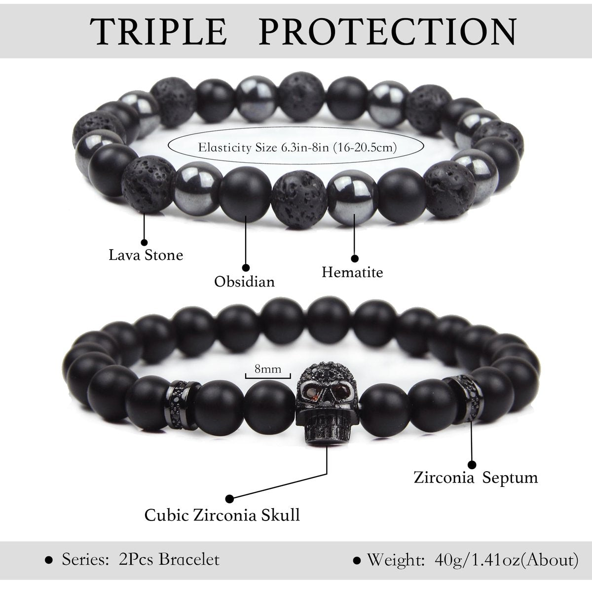 GDLKPYHS Schwarzes Obsidian Armband für Männer – Totenkopf-Armband – Turmalin Perlenarmband – 8MM schwarzer Onyx, Hämatit, Lava-Stein Perlen – Dreifaches Schutzarmband für Männer und Frauen – Geschenk