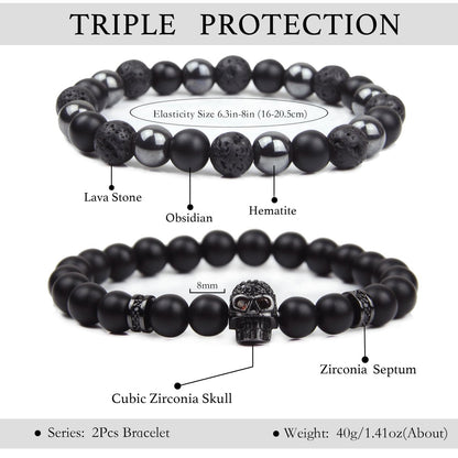 GDLKPYHS Schwarzes Obsidian Armband für Männer – Totenkopf-Armband – Turmalin Perlenarmband – 8MM schwarzer Onyx, Hämatit, Lava-Stein Perlen – Dreifaches Schutzarmband für Männer und Frauen – Geschenk