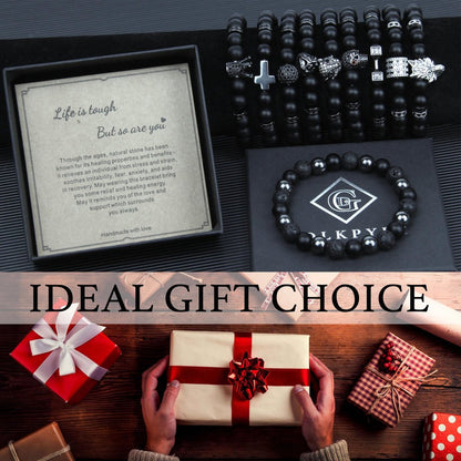 GDLKPYHS Schwarzes Obsidian Armband für Männer – Totenkopf-Armband – Turmalin Perlenarmband – 8MM schwarzer Onyx, Hämatit, Lava-Stein Perlen – Dreifaches Schutzarmband für Männer und Frauen – Geschenk