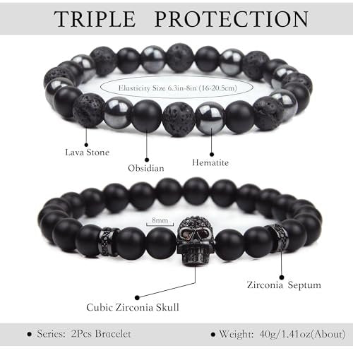 GDLKPYHS Schwarzes Obsidian Armband für Männer – Totenkopf-Armband – Turmalin Perlenarmband – 8MM schwarzer Onyx, Hämatit, Lava-Stein Perlen – Dreifaches Schutzarmband für Männer und Frauen – Geschenk