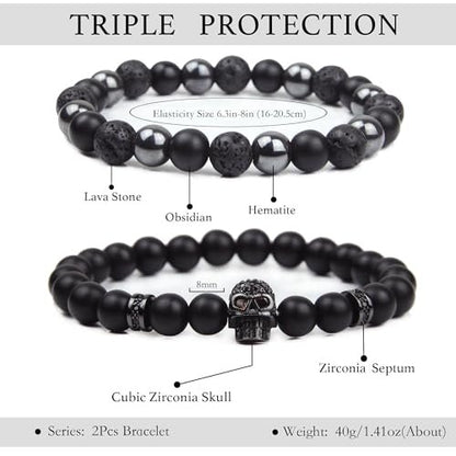 GDLKPYHS Schwarzes Obsidian Armband für Männer – Totenkopf-Armband – Turmalin Perlenarmband – 8MM schwarzer Onyx, Hämatit, Lava-Stein Perlen – Dreifaches Schutzarmband für Männer und Frauen – Geschenk