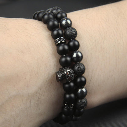 GDLKPYHS Schwarzes Obsidian Armband für Männer – Totenkopf-Armband – Turmalin Perlenarmband – 8MM schwarzer Onyx, Hämatit, Lava-Stein Perlen – Dreifaches Schutzarmband für Männer und Frauen – Geschenk