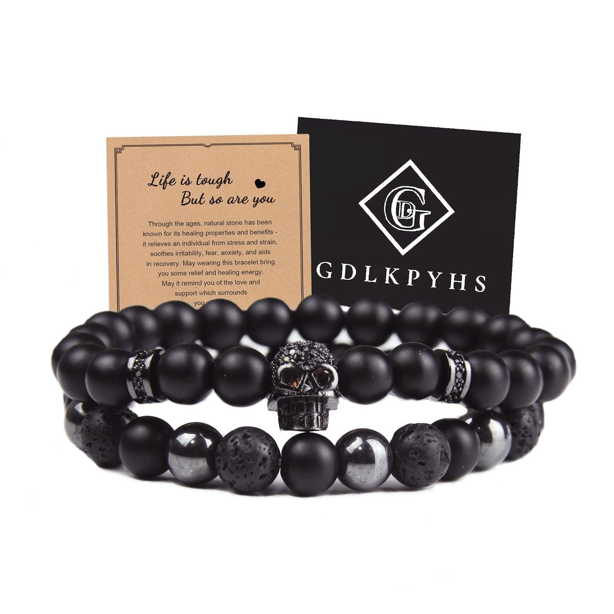 GDLKPYHS Schwarzes Obsidian Armband für Männer – Totenkopf-Armband – Turmalin Perlenarmband – 8MM schwarzer Onyx, Hämatit, Lava-Stein Perlen – Dreifaches Schutzarmband für Männer und Frauen – Geschenk