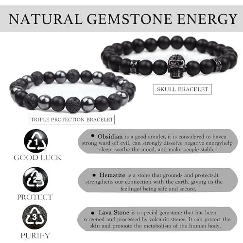 GDLKPYHS Schwarzes Obsidian Armband für Männer – Totenkopf-Armband – Turmalin Perlenarmband – 8MM schwarzer Onyx, Hämatit, Lava-Stein Perlen – Dreifaches Schutzarmband für Männer und Frauen – Geschenk