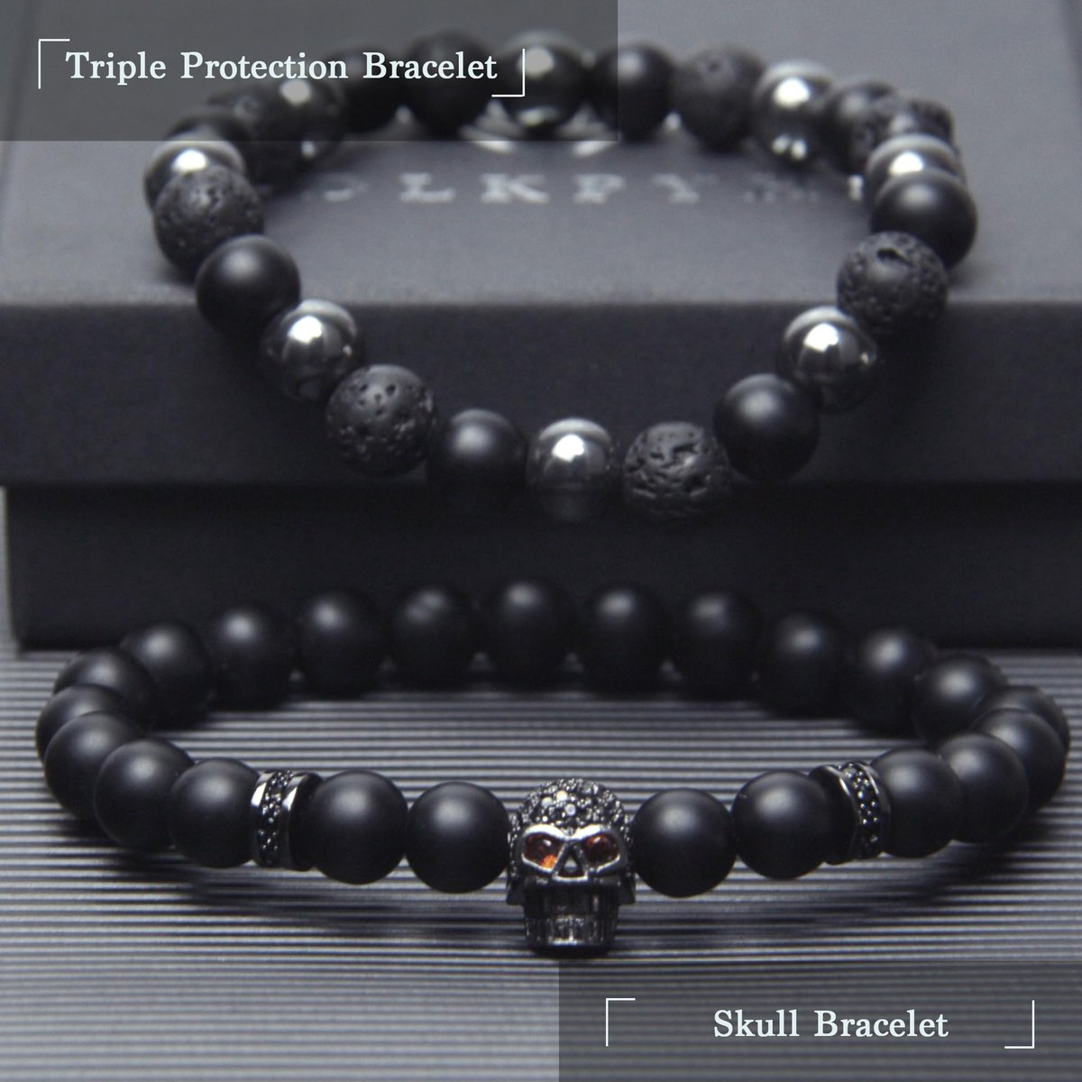 GDLKPYHS Schwarzes Obsidian Armband für Männer – Totenkopf-Armband – Turmalin Perlenarmband – 8MM schwarzer Onyx, Hämatit, Lava-Stein Perlen – Dreifaches Schutzarmband für Männer und Frauen – Geschenk