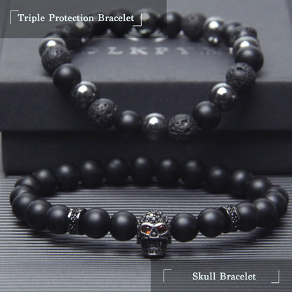 GDLKPYHS Schwarzes Obsidian Armband für Männer – Totenkopf-Armband – Turmalin Perlenarmband – 8MM schwarzer Onyx, Hämatit, Lava-Stein Perlen – Dreifaches Schutzarmband für Männer und Frauen – Geschenk